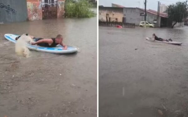 Temporal provoca alagamentos em Jacareí e morador é flagrado “surfando” em rua inundada